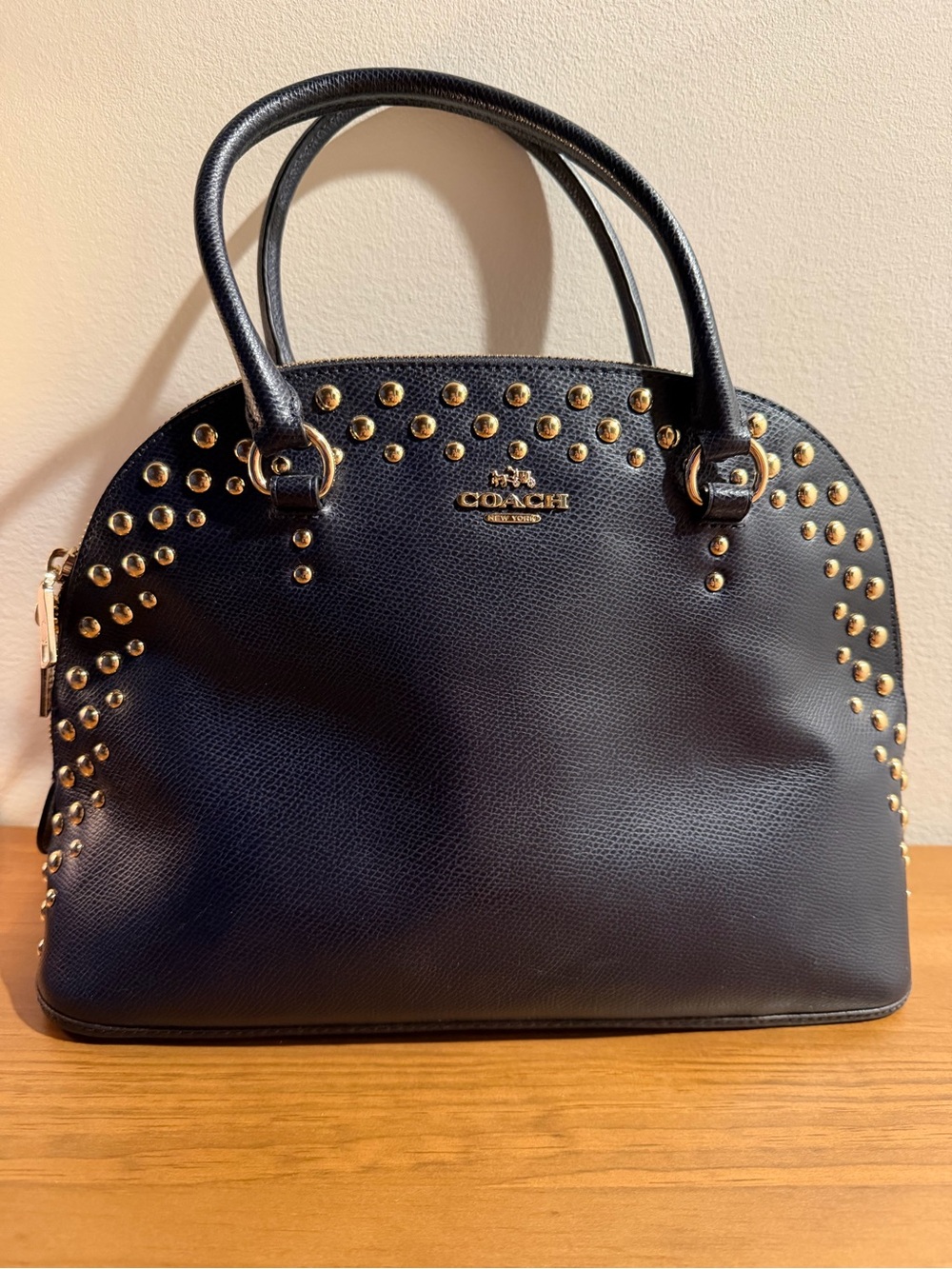 COACH Navy Leather Studded Dome Shoulder Bag with Matching Wallet - Picture 2 of 7